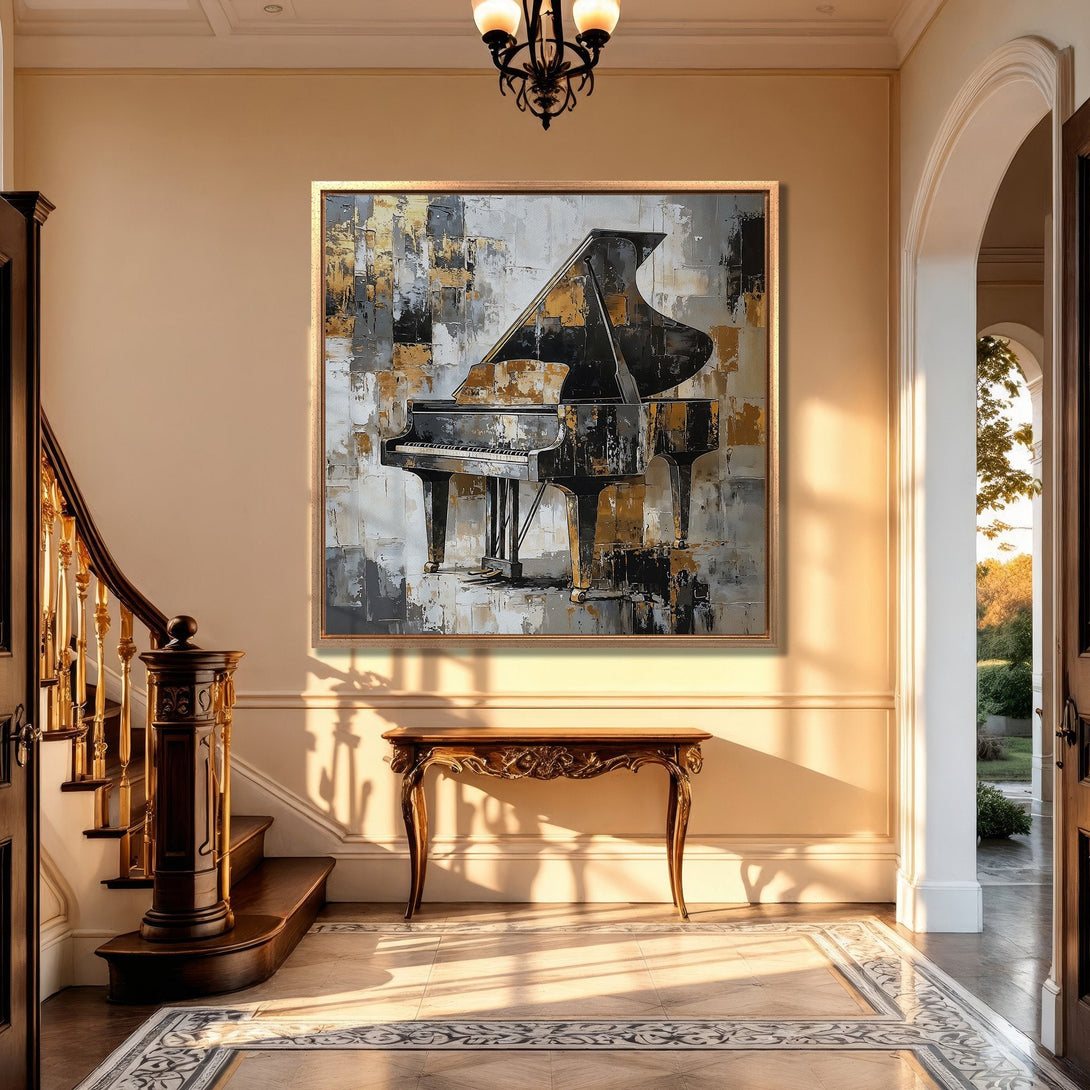 Framed Wall Art: Abstract piano painting in a luxurious interior. Features gold, black, and gray palette. Elevate your space with this stunning artwork.