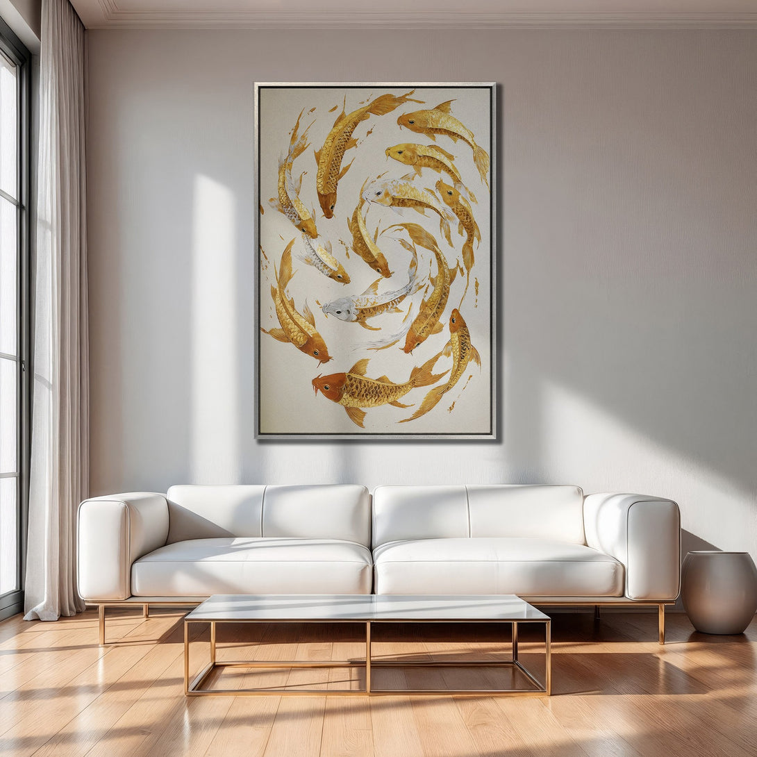 Framed Wall Art: Gold koi fish painting in a modern interior. Elegant, zen-inspired art with a warm, neutral color palette. Perfect for your living room!