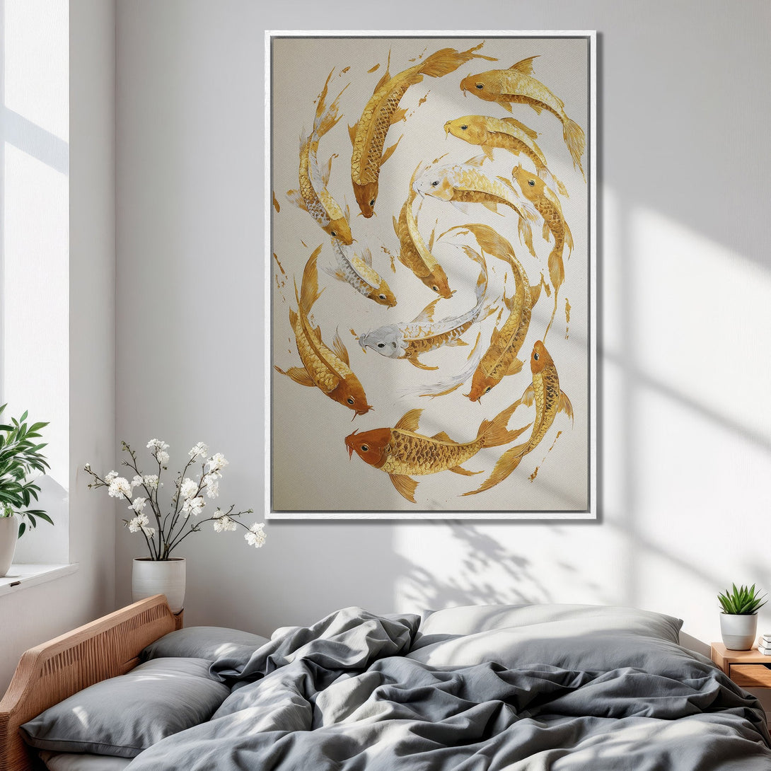 Framed Wall Art: Gold koi fish painting in a modern bedroom. Neutral color palette with warm gold and beige tones. Enhance your space with this art!
