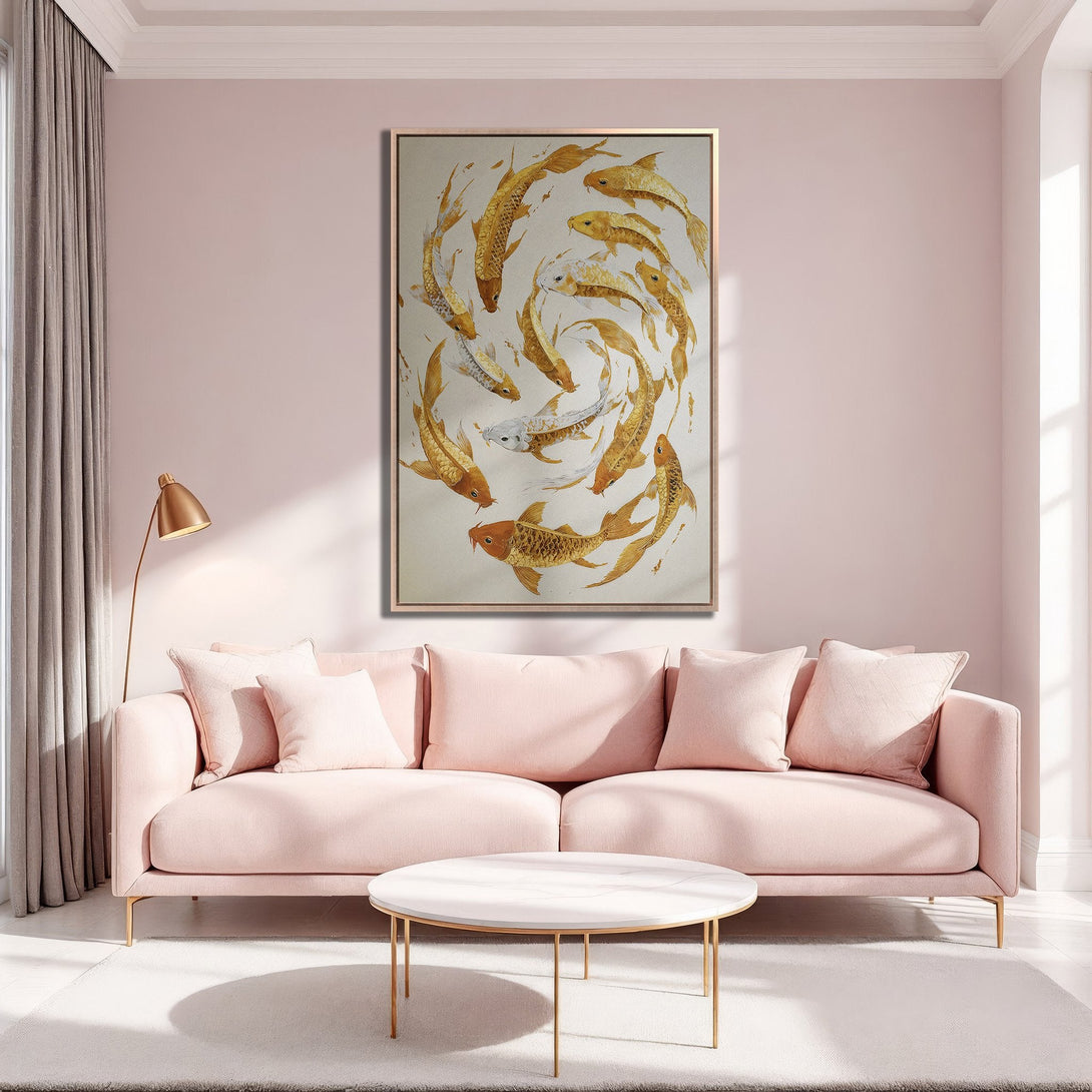 Framed Wall Art: Koi fish painting in gold tones. Modern art for living room decor. Soft pink palette complements the interior design.