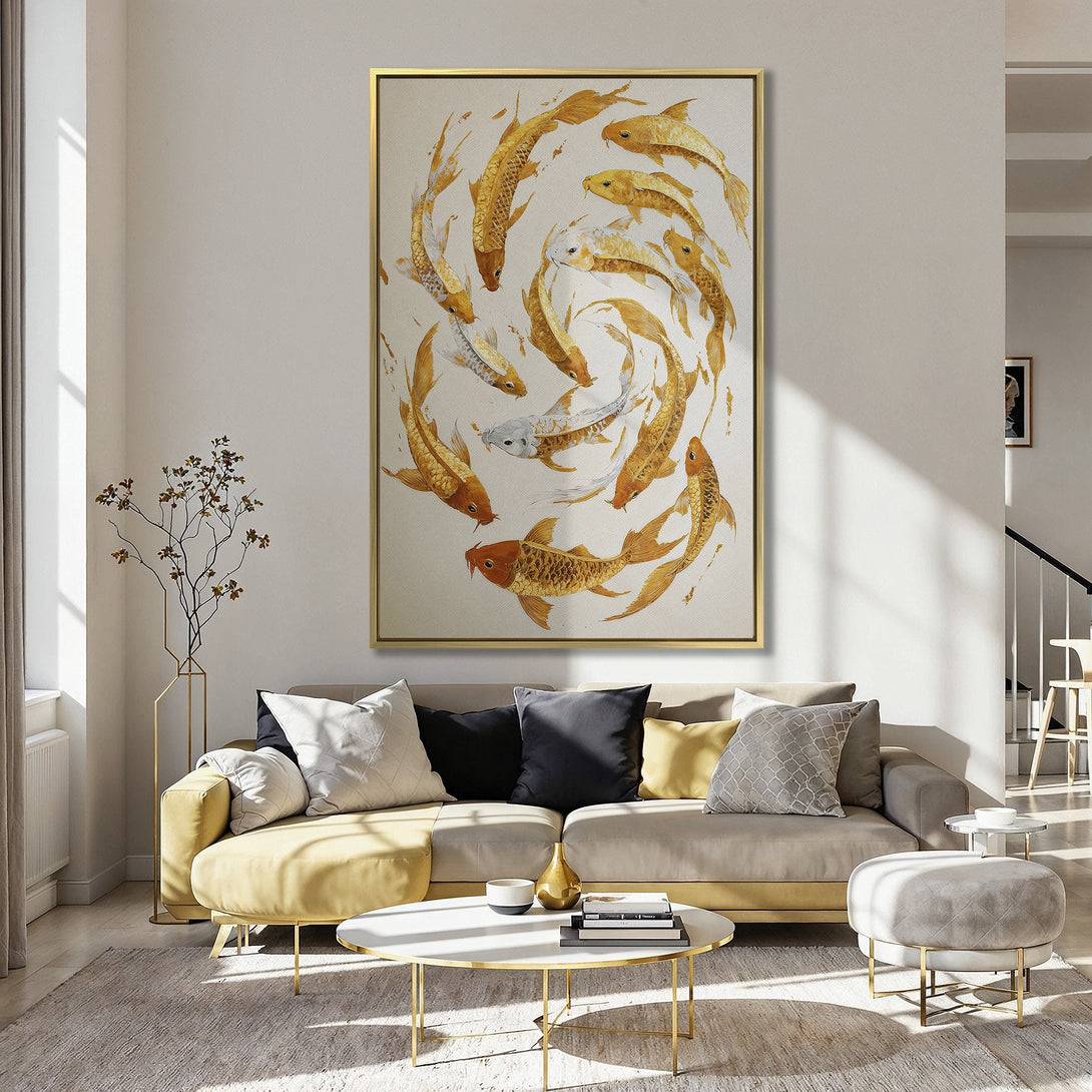 Canvas Print of koi fish in warm gold tones, a beautiful watercolor style, perfect for adding a touch of zen to your space.