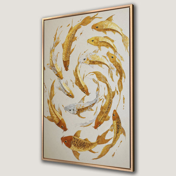 Framed Wall Art featuring golden koi fish in a swirling pattern. Elegant, abstract style with a warm, neutral color palette. Perfect for adding a touch of zen.