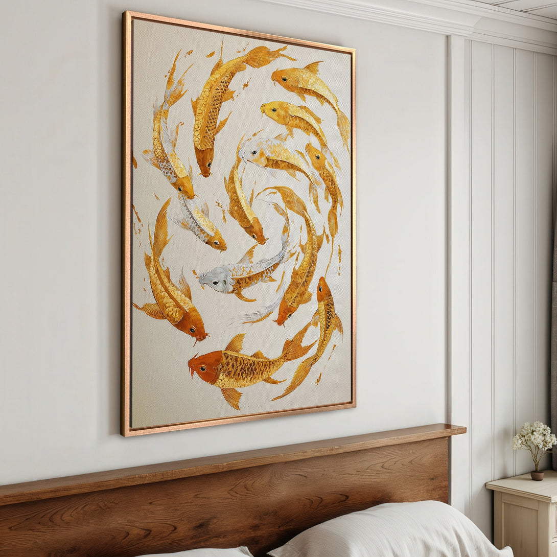 Framed Wall Art: Koi fish painting in warm gold tones, adding a touch of zen to any space. Perfect for bedroom decor!