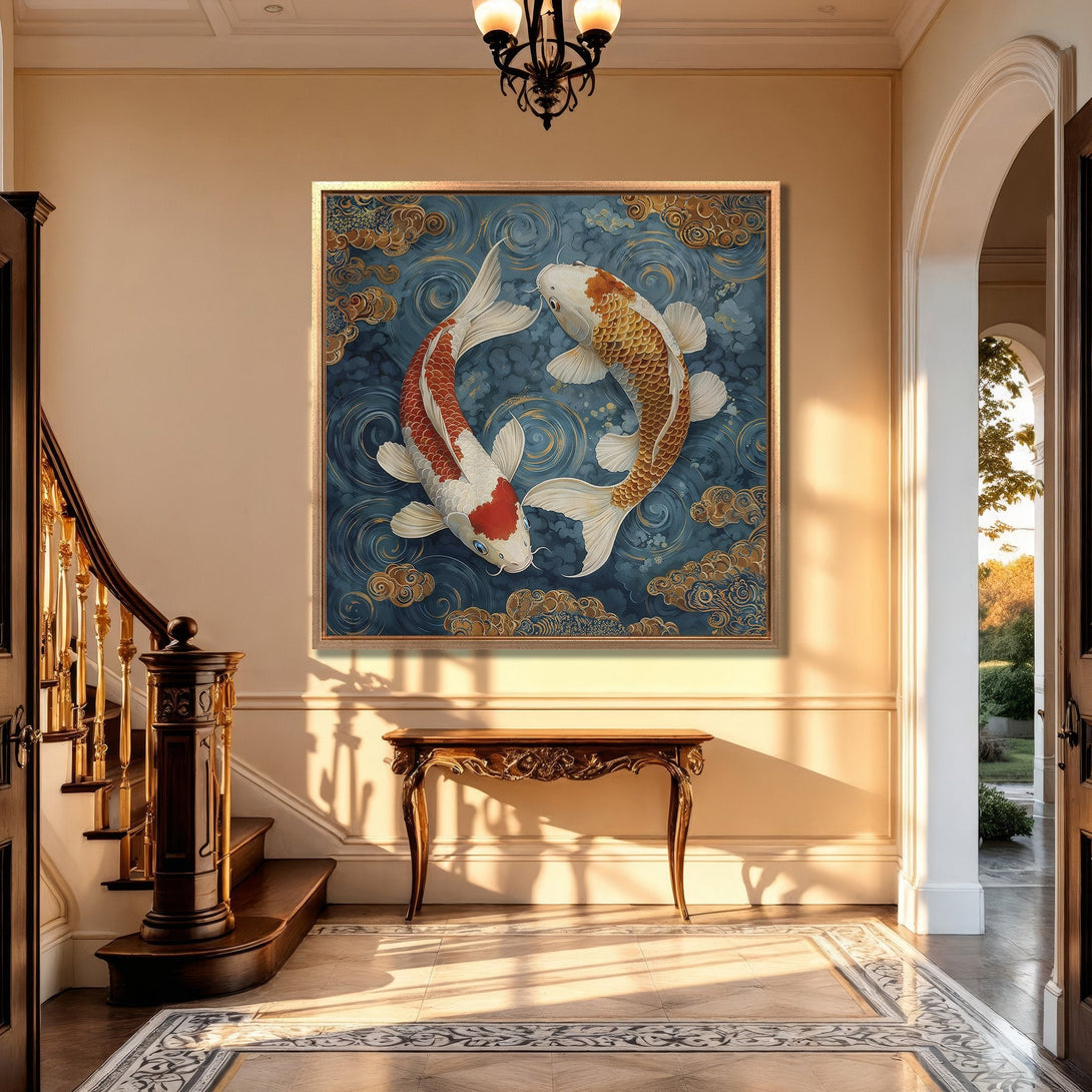 Framed Wall Art: Koi fish painting in a luxurious entryway. Blue, gold, and red color palette. Perfect for adding an elegant touch to your home decor.