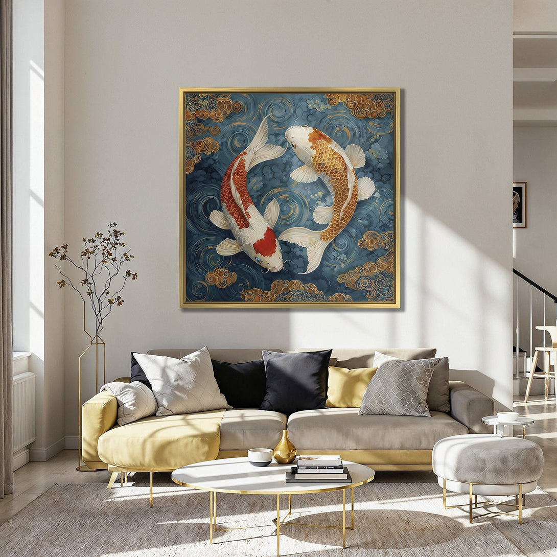 Canvas Print featuring koi fish art in blue, gold, and red. Perfect for adding a touch of elegance to any interior.
