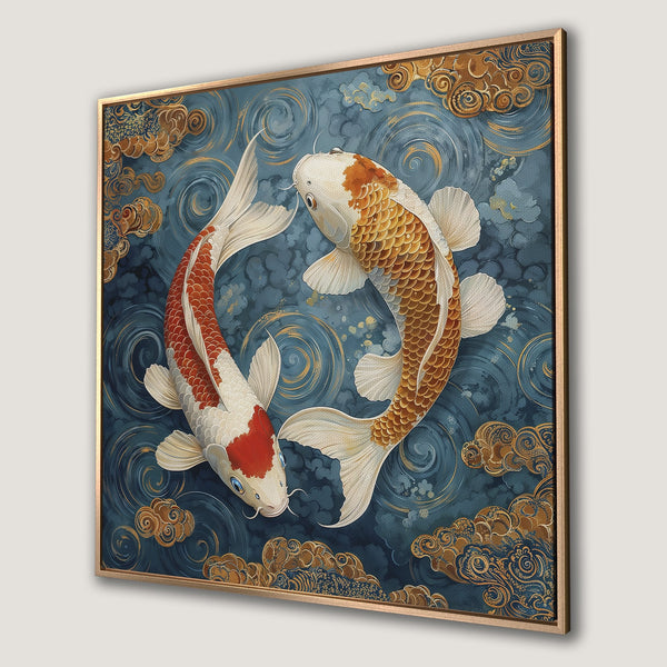 Framed Wall Art: Stunning koi fish canvas print in a serene blue and gold palette. Perfect for adding a touch of zen to your home decor.