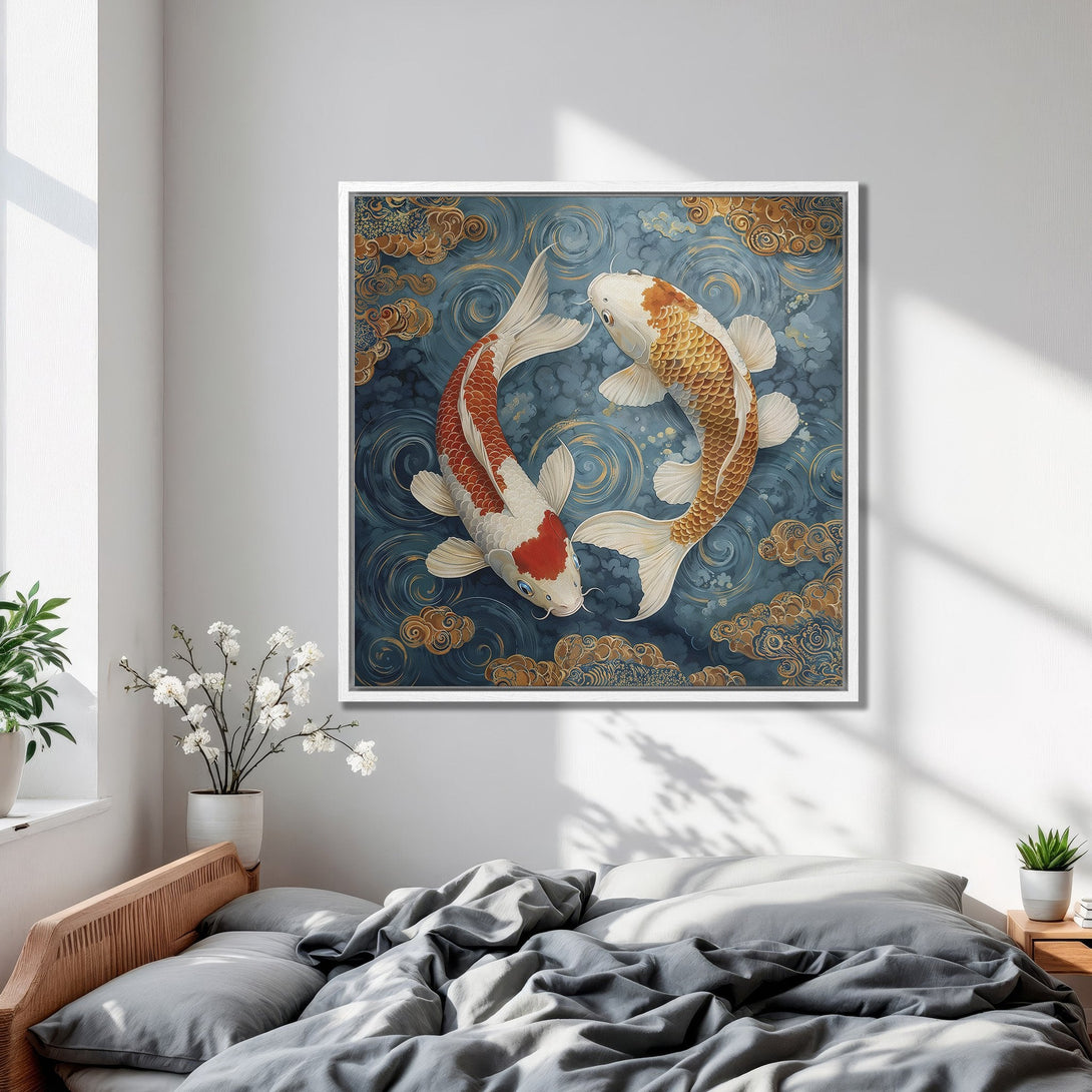 Framed Wall Art: Stunning koi fish painting in a serene blue, gold, and white palette. Perfect for adding a touch of zen to your bedroom decor.