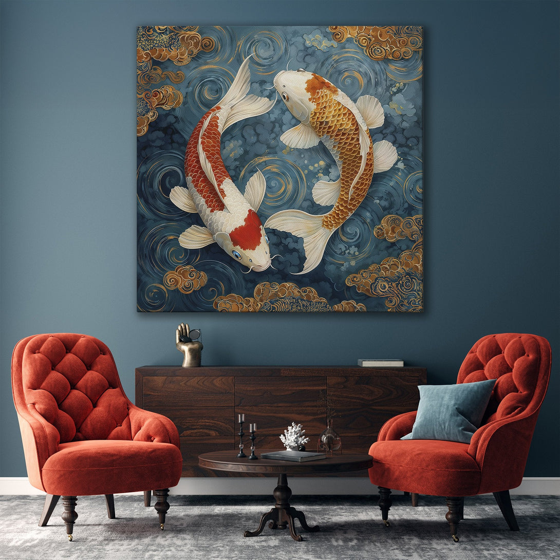 Framed Wall Art: Koi fish painting in a serene blue, gold, and red palette. Adds a touch of zen to any space. Perfect for living rooms and bedrooms.
