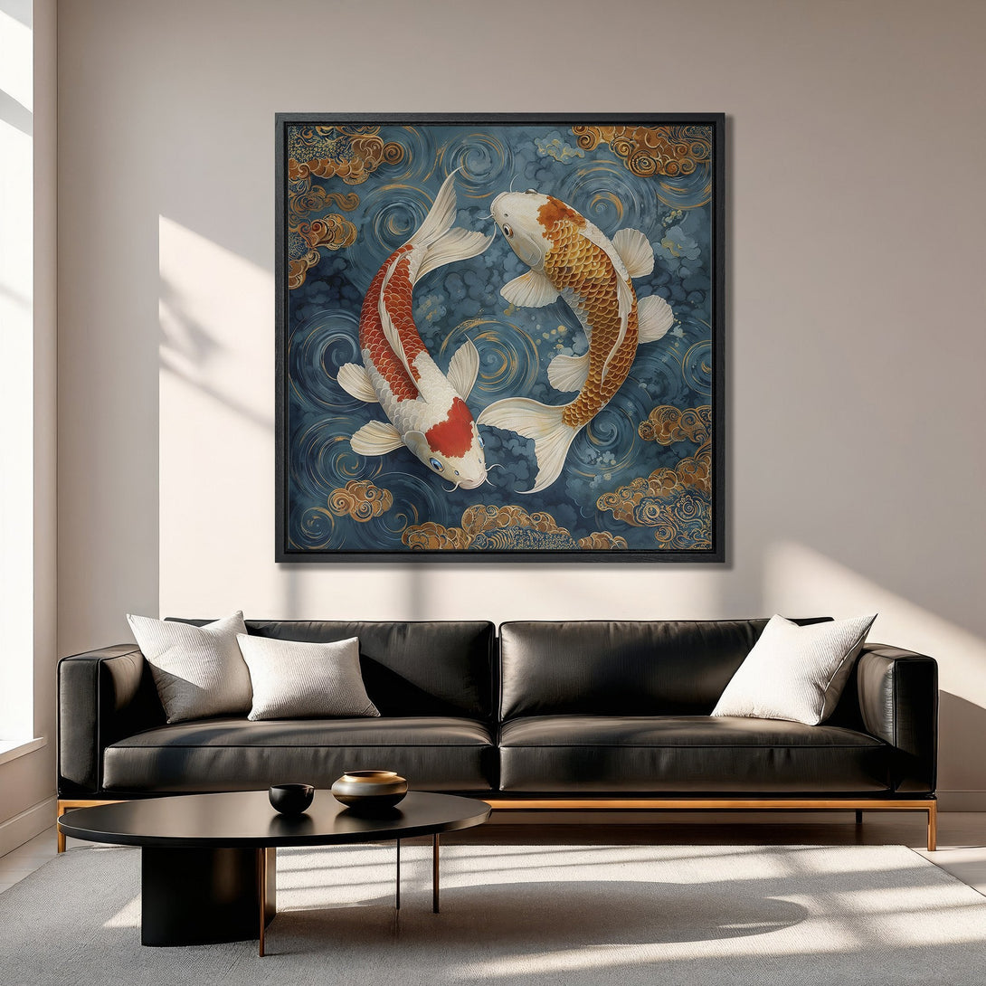 Framed Wall Art: Koi fish canvas print in a modern living room. Features a blue, gold, and red color palette, perfect for adding a touch of zen to your space.