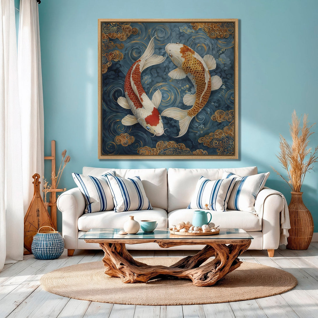 Framed Wall Art: Koi fish painting in blue & gold tones. Adds a touch of zen to any space. Perfect for living rooms & bedrooms. Shop now!