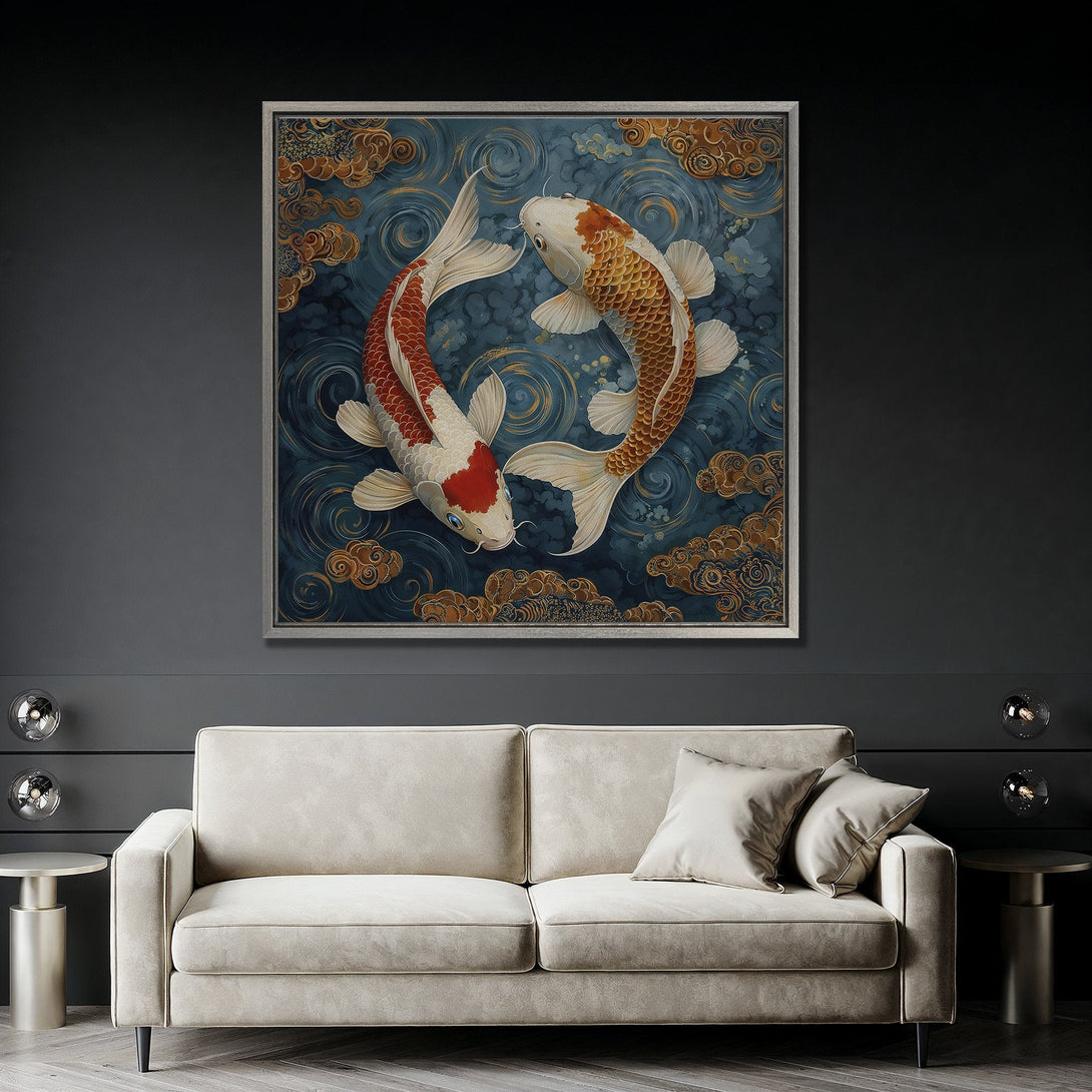 Framed Wall Art: Koi fish painting in blue, gold, and red. Elegant artwork for living room decor. Enhance your space with this stunning canvas print.