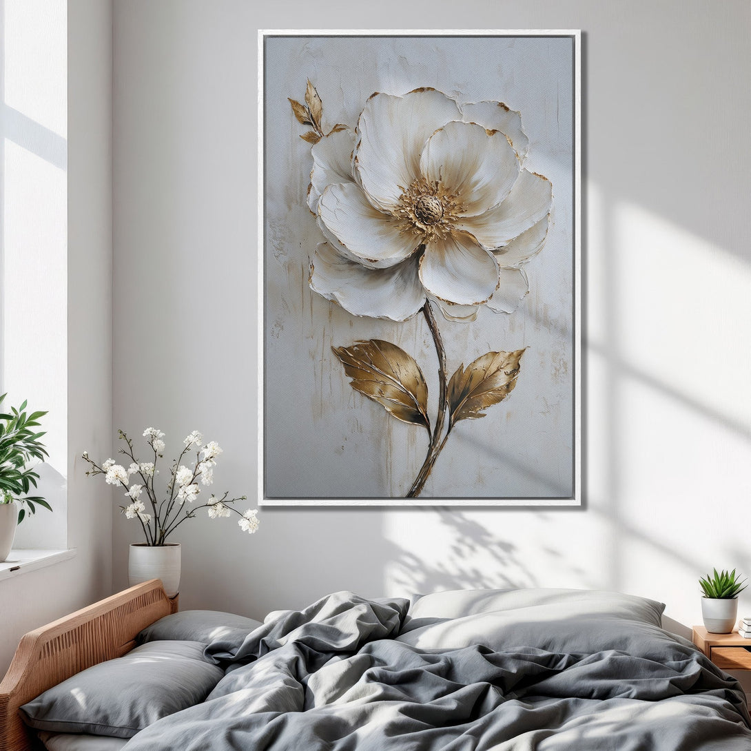 Framed Wall Art: Elegant white and gold floral canvas print. Adds a touch of luxury with its neutral color palette. Perfect for bedroom decor.