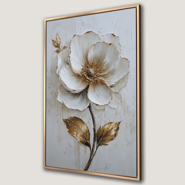 Framed Wall Art featuring a textured white and gold floral design, showcasing a neutral color palette. Perfect for adding elegance to any space.