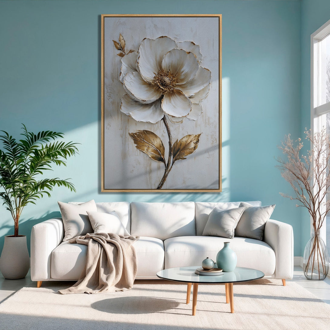 Framed Wall Art: Elegant floral canvas print in neutral tones. Adds a touch of sophistication to any space. Perfect for modern interior design.