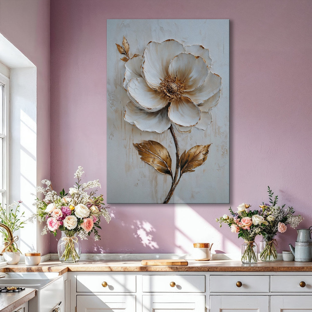 Framed Wall Art: Elegant floral canvas print in neutral tones with gold accents. Perfect for modern living rooms, adding a touch of luxury and sophistication.