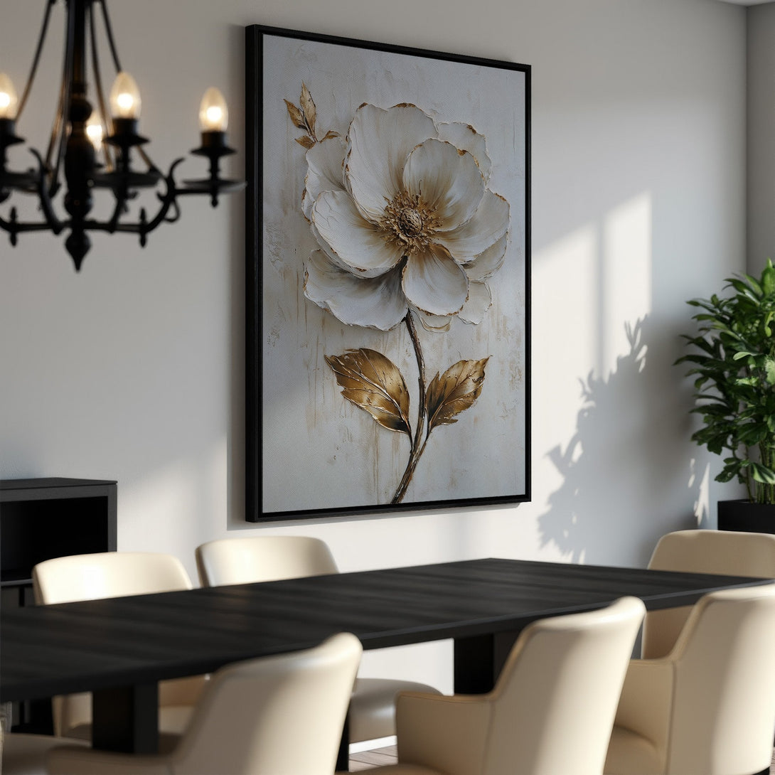 Framed Wall Art: Elegant floral canvas print in neutral tones. Perfect for adding a touch of sophistication to any dining room or living space. Shop now!