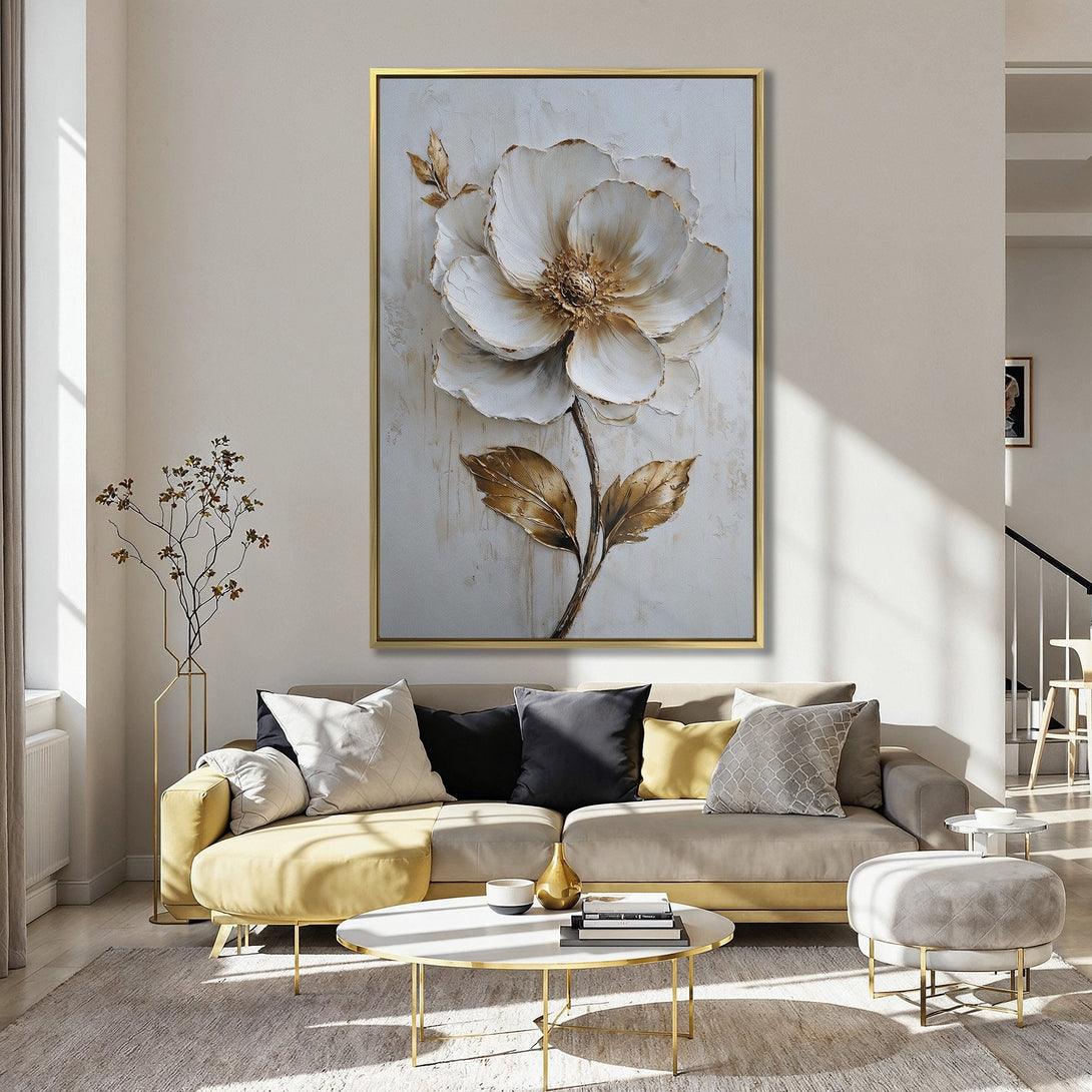 Canvas Print: Elegant floral wall art in white and gold, perfect for adding a touch of sophistication to any space. Soft, neutral color palette.