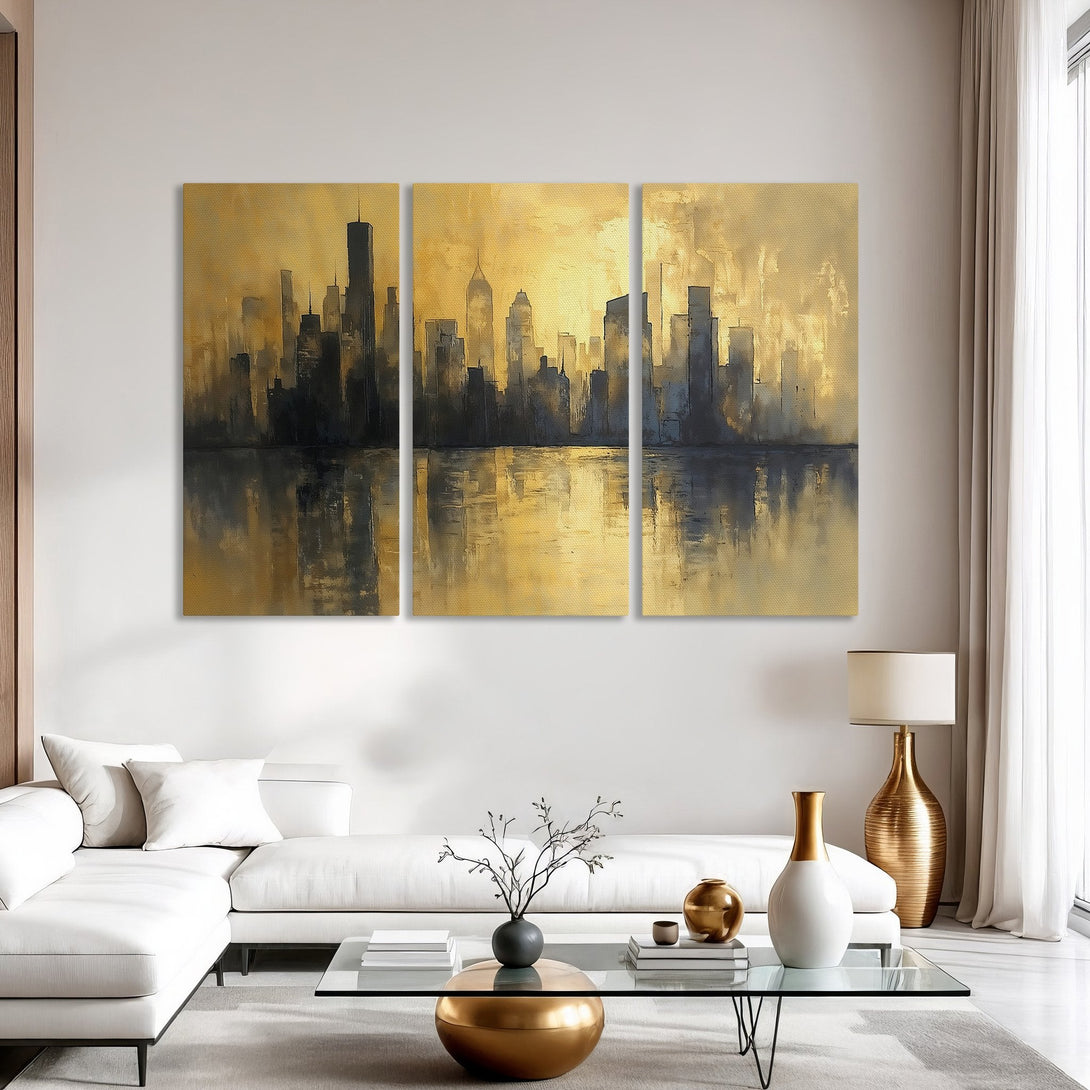 Abstract Canvas Print of a city skyline in gold and black, displayed in a modern living room. Features a warm, neutral color palette.