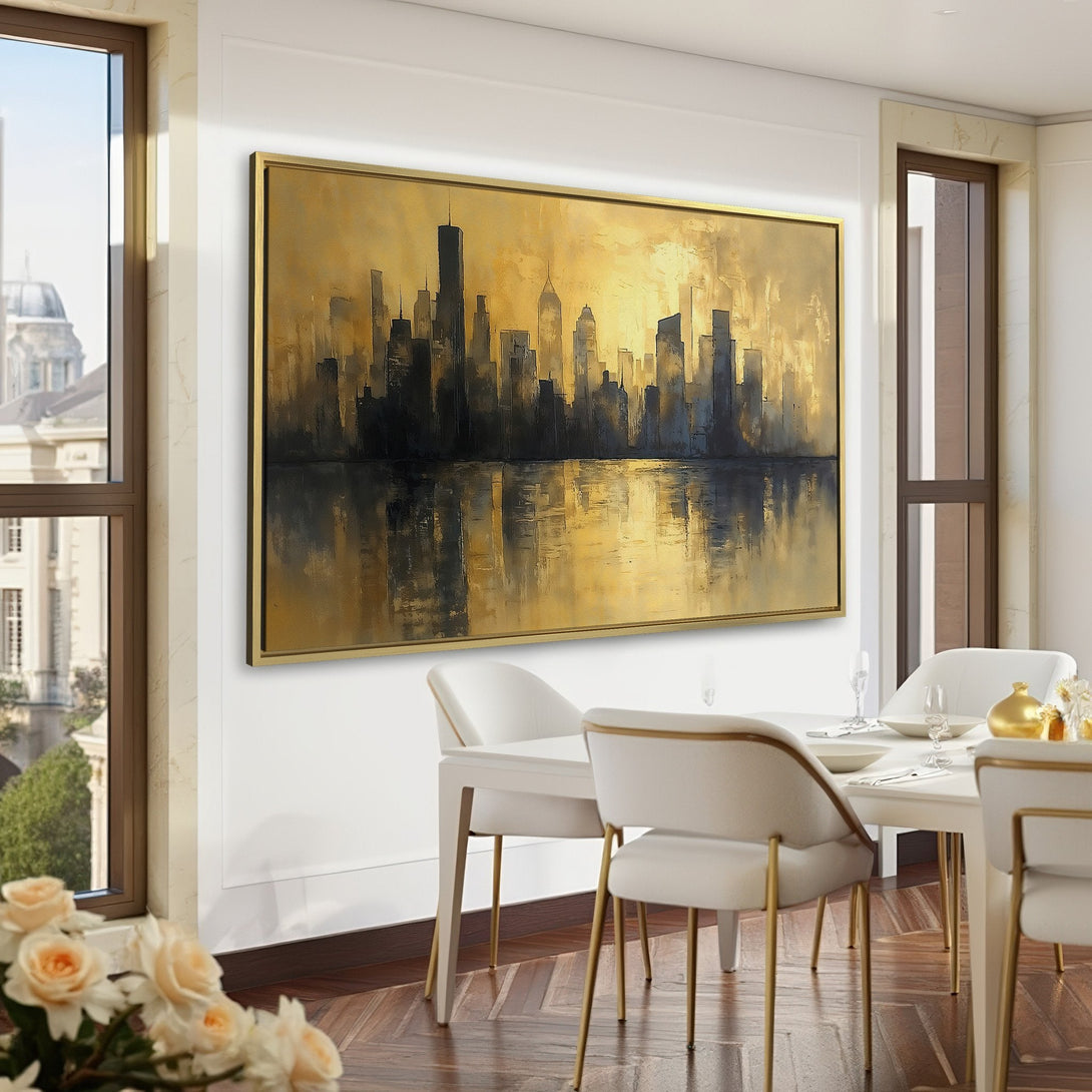 Canvas Print of a cityscape in gold and black. Modern abstract art in a luxurious interior with a green and brown color palette.