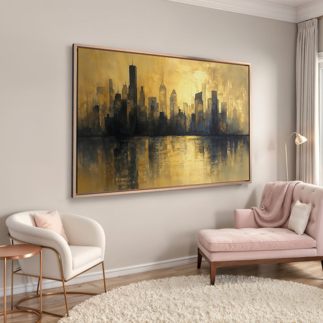 Framed Wall Art: Abstract cityscape Canvas Print in gold and black tones. Modern art for living room or bedroom decor.
