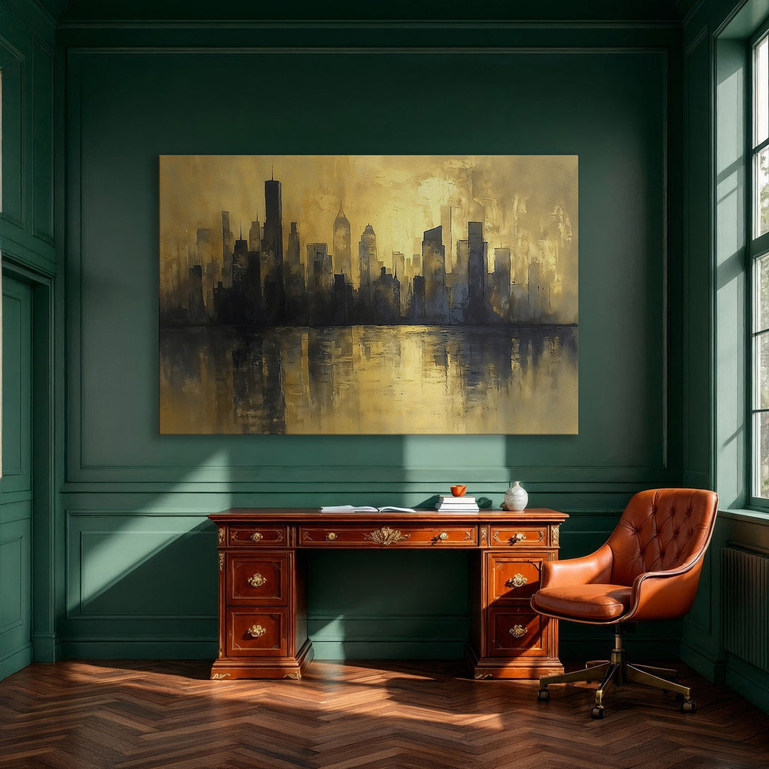 Framed Wall Art: Stunning cityscape canvas print in gold and black, adding modern elegance to any dining room. Shop now for stylish home decor!