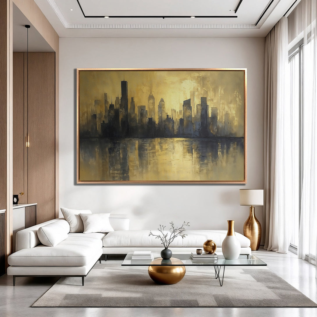 Framed Wall Art: Abstract cityscape painting in gold and gray tones. Modern art canvas print adds elegance to any interior.