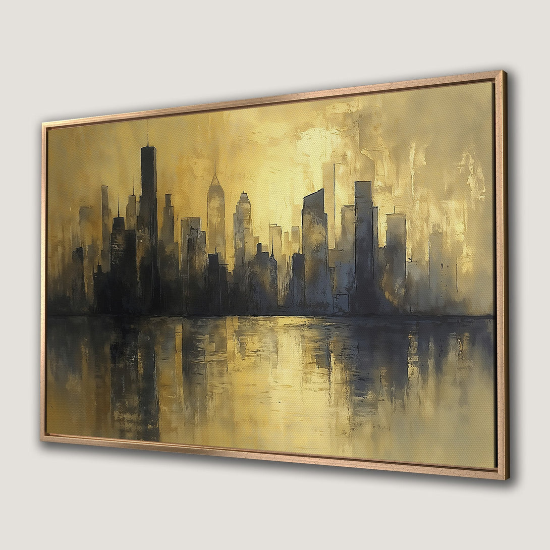Framed Wall Art: Abstract cityscape Canvas Print in gold and black. Modern art for your home, featuring a stunning skyline and reflection.