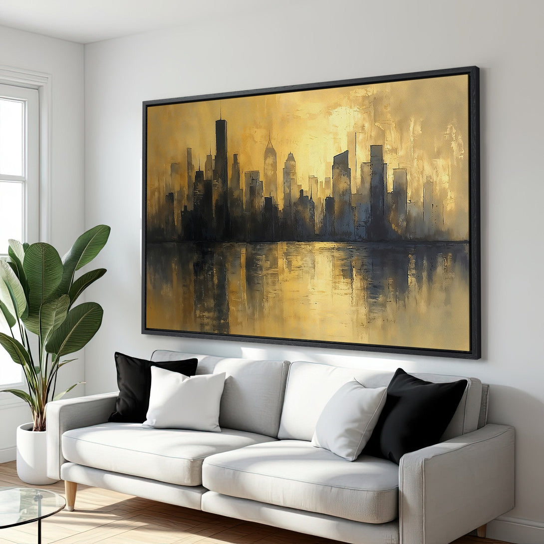 Framed Wall Art: Abstract cityscape Canvas Print in gold and black, perfect for modern living rooms. Add a touch of elegance to your home decor!