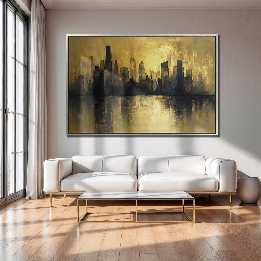 Framed Wall Art: Abstract cityscape painting in gold and black. Modern art canvas print adds a touch of elegance to any interior space.