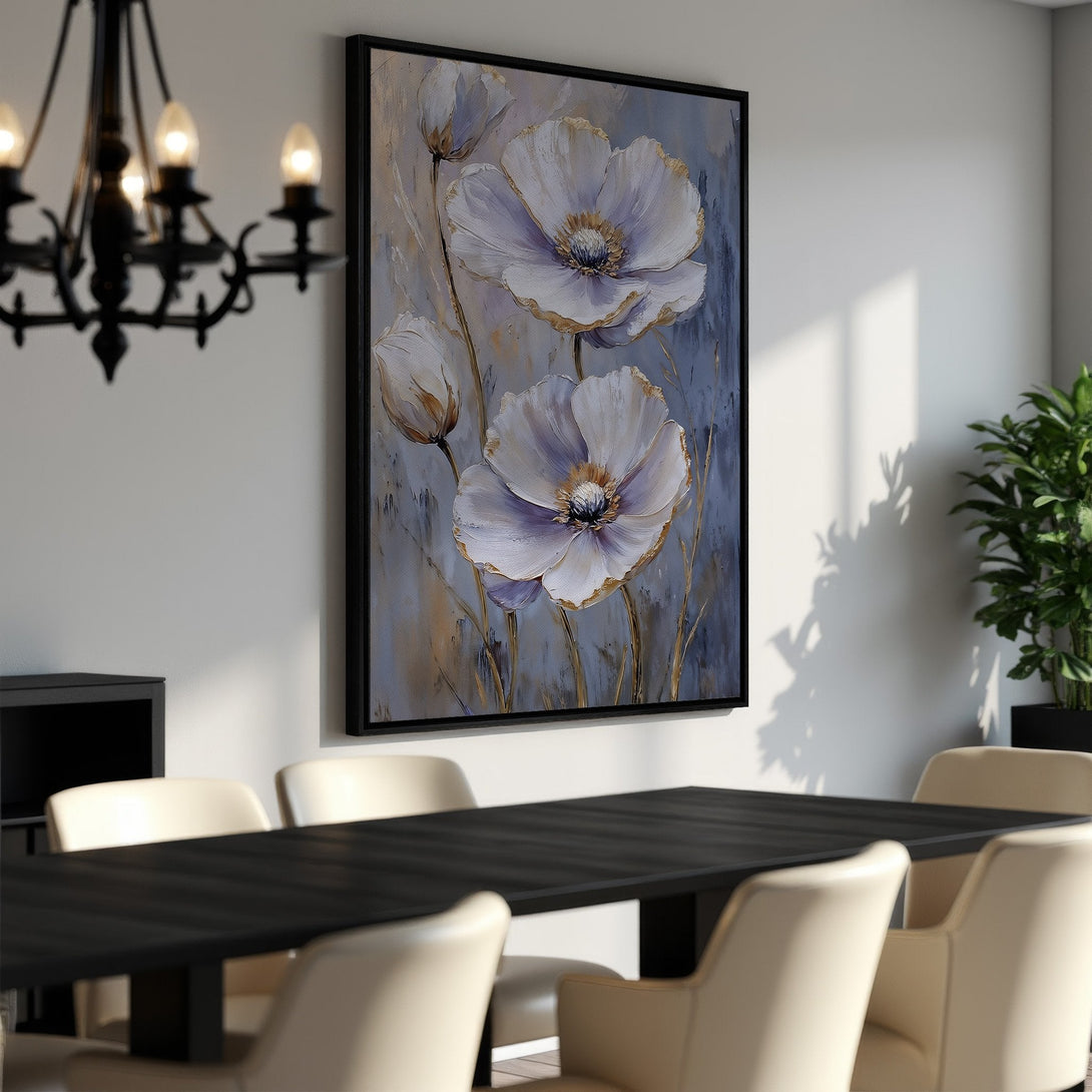 Framed Wall Art featuring elegant white floral painting with gold accents. Serene, modern style with a soft blue and neutral color palette. Perfect for dining room decor.
