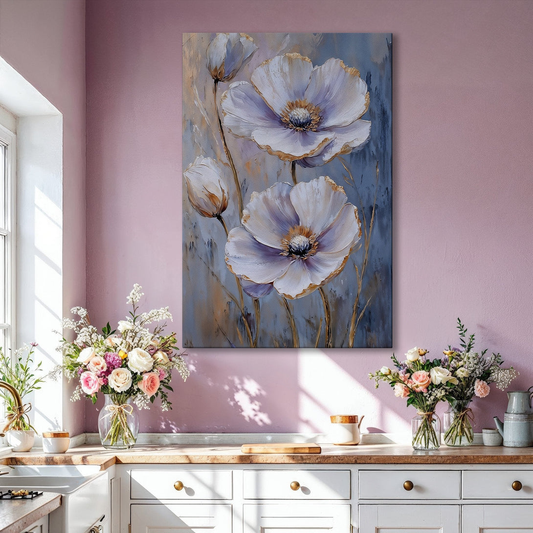 Framed Wall Art: Elegant floral canvas print with a soft, neutral color palette. Modern abstract style, perfect for living room decor.