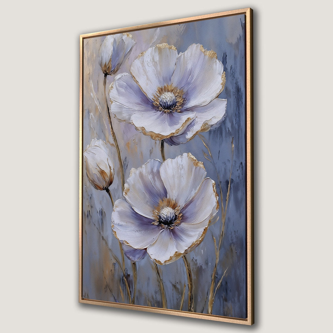 Framed Wall Art featuring elegant white and gold floral painting on a textured canvas. Perfect for adding a touch of sophistication to any space.