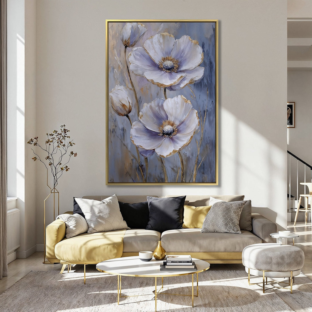 Canvas Print of elegant white floral art with gold accents, perfect for adding a touch of sophistication to any space. Soft, muted color palette.