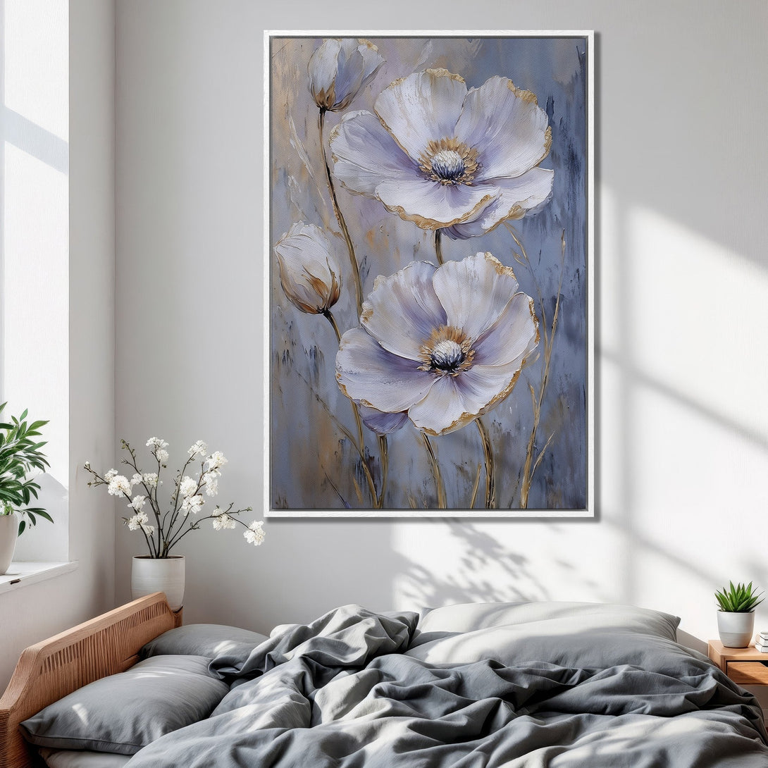 Framed Wall Art: Elegant floral Canvas Print in soft lavender and gold hues. Perfect for bedroom decor, adding a touch of sophistication and serenity.