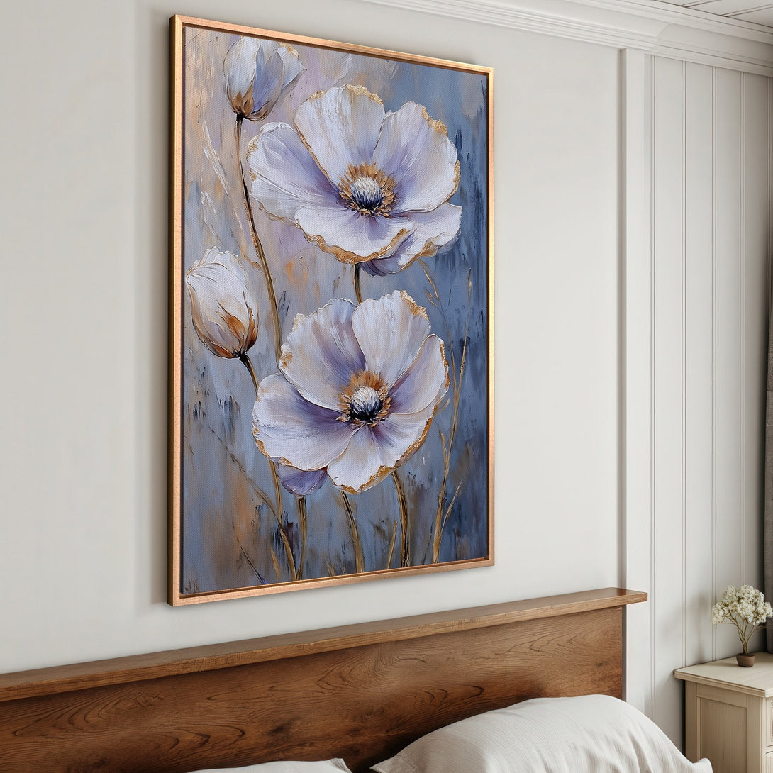 Framed Wall Art featuring elegant white floral painting with gold accents on a blue and beige background. Perfect for modern home decor.
