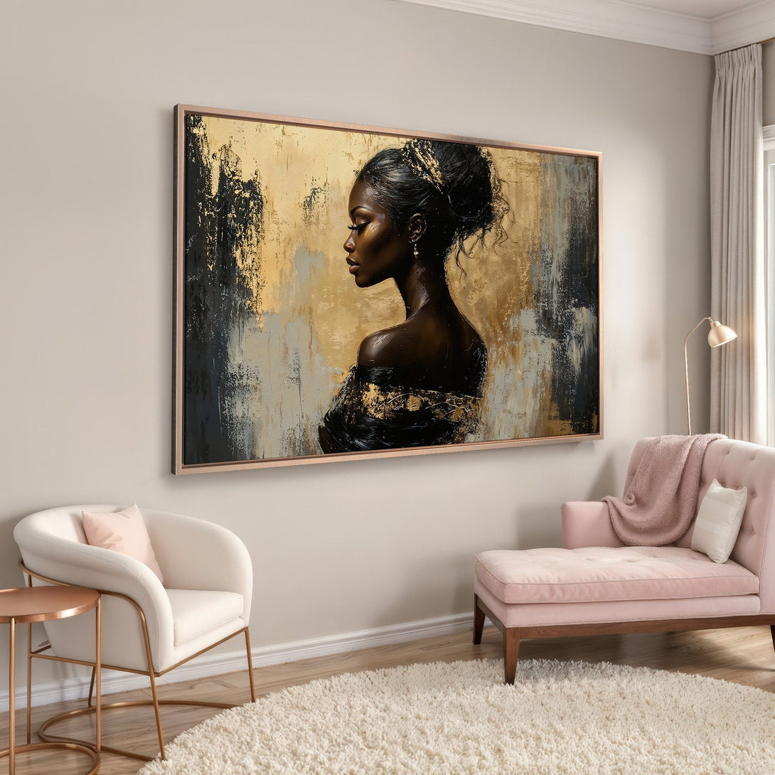 Framed Wall Art: Abstract portrait of a woman in gold and black. Modern art canvas print in a neutral interior with pink accents.