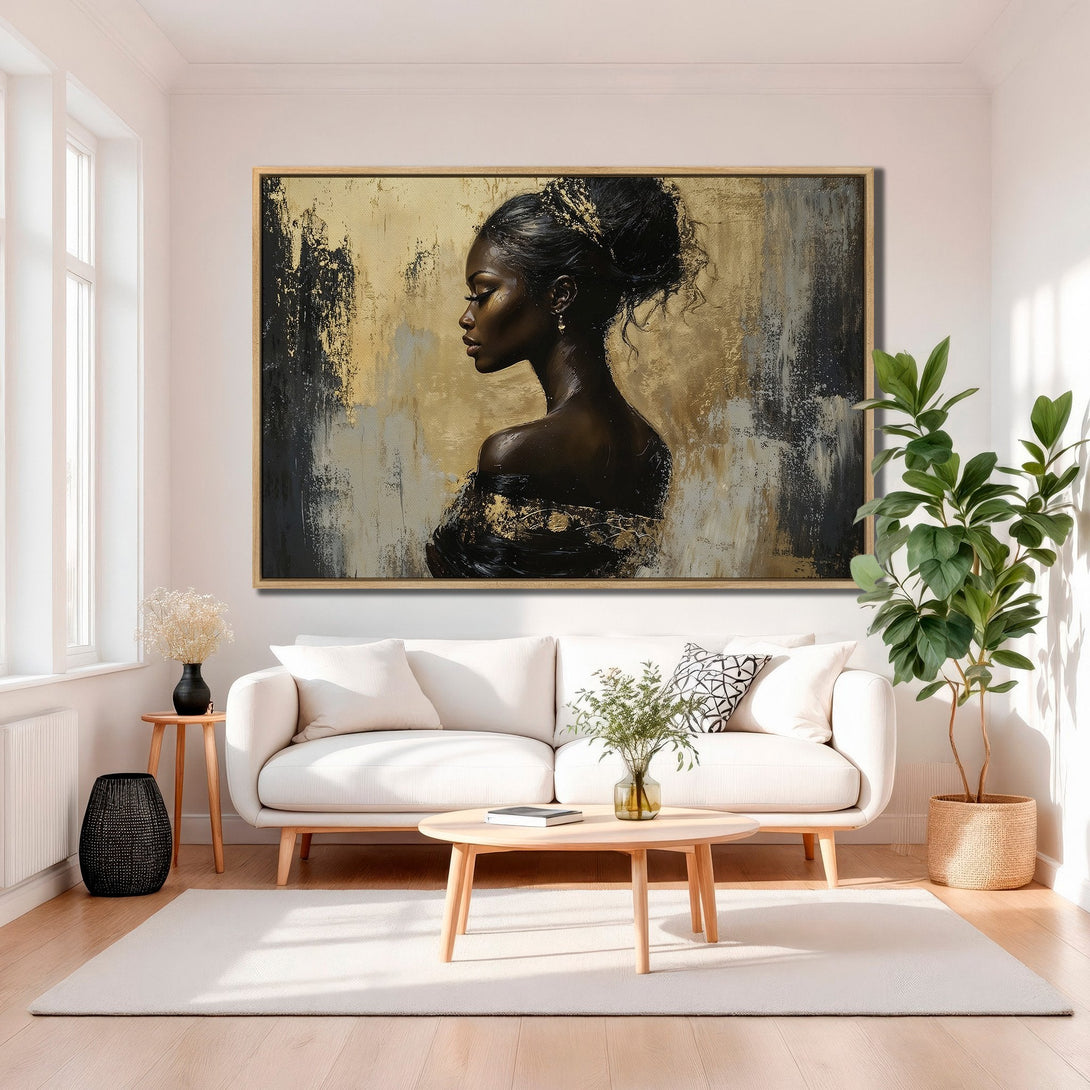 Framed Wall Art: Elegant portrait of a woman in gold, black, and neutral tones. Modern abstract style, perfect for living room decor. Shop now!