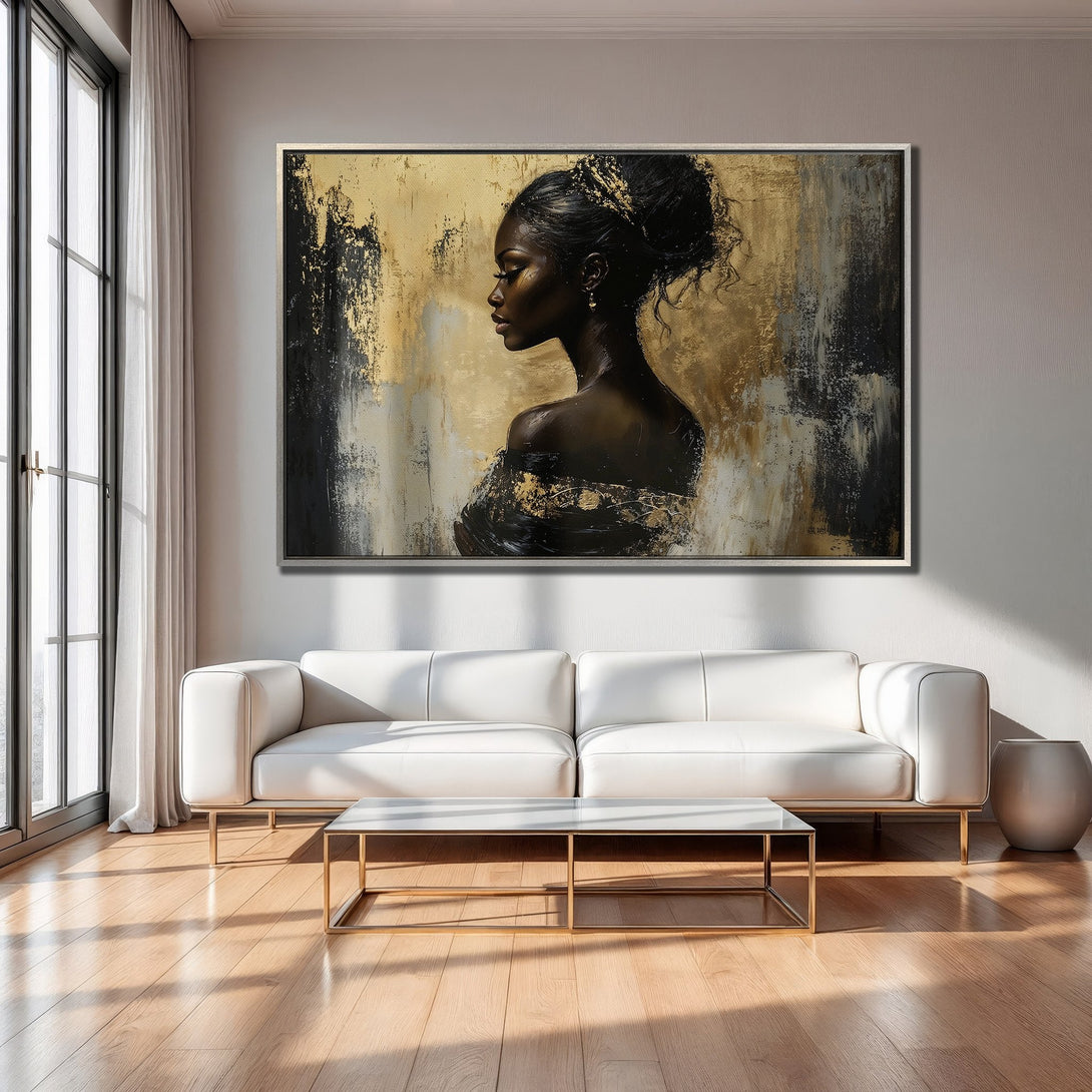 Framed Wall Art: Elegant portrait of a woman in gold and black abstract style. Modern art canvas print adds sophistication to any interior.