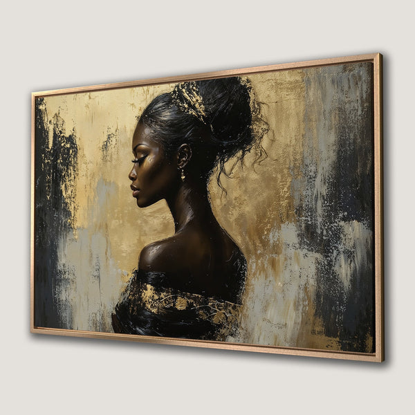 Framed Wall Art: Elegant portrait of a woman in gold and black. Abstract style with a rich, luxurious color palette. Perfect for modern decor.