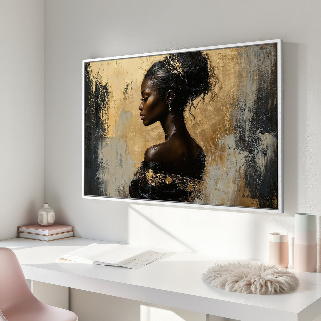Framed Wall Art: Elegant portrait of a woman in black and gold abstract style. Modern canvas print with neutral color palette for sophisticated decor.