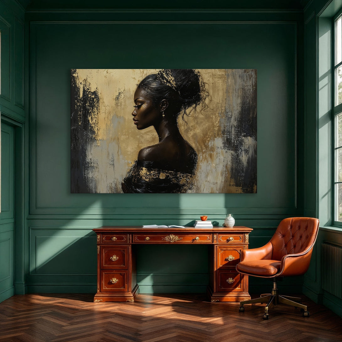 Framed Wall Art: Elegant portrait canvas print in gold, black, and beige tones. Modern art for dining room decor.