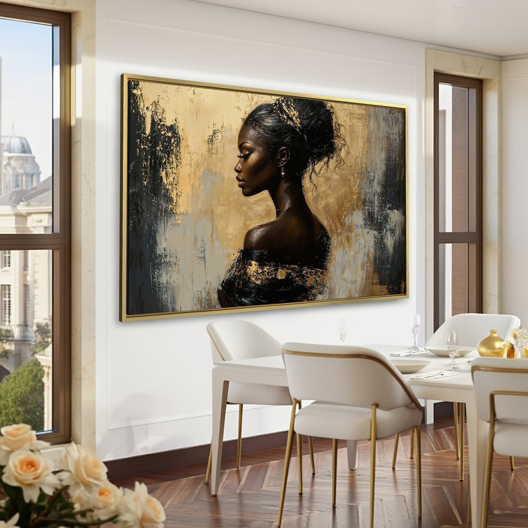 Canvas Print of a Black woman in profile, abstract style, gold and black tones, displayed in a luxurious green interior.