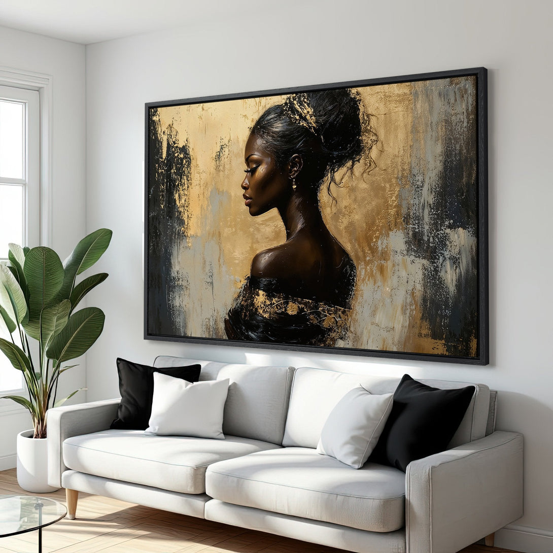 Framed Wall Art: Elegant portrait of a woman in gold, black, and neutral tones. Modern abstract style canvas print for stylish home decor.