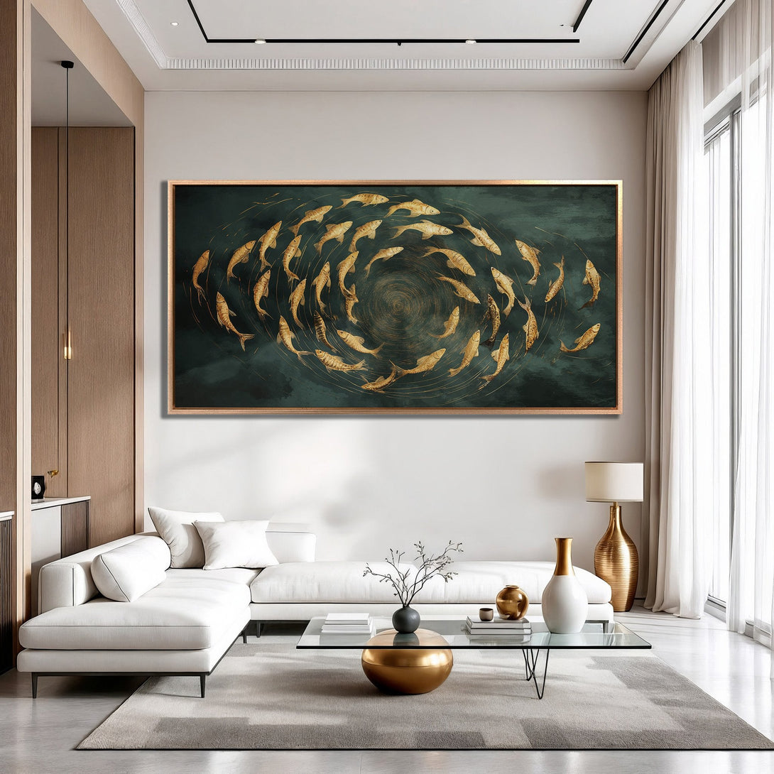 Framed Wall Art featuring gold fish in a swirling pattern on a teal background. Modern style, neutral color palette. Adds elegance to any space.