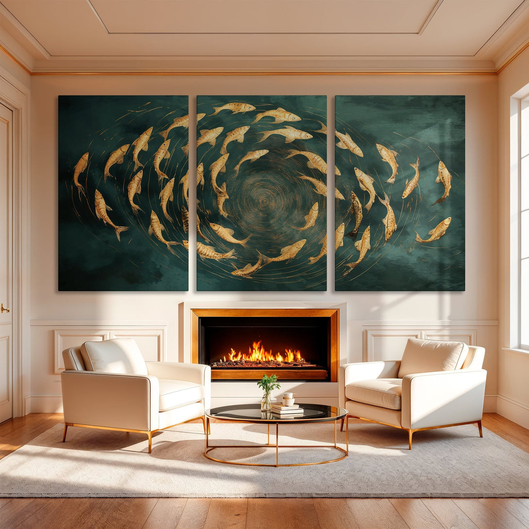 Elegant framed wall art featuring a school of golden fish on a teal background. Adds a touch of luxury and serenity to any space.