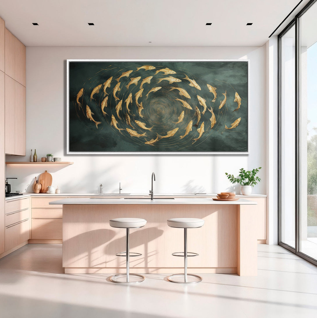 Framed Wall Art: Gold fish art print in a modern kitchen. Features a teal and gold color palette, adding elegance to any space.