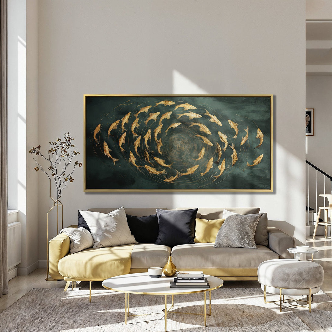 Canvas Print of golden fish swirling on a teal background. Modern wall art in a stylish interior, featuring a warm, inviting color palette.