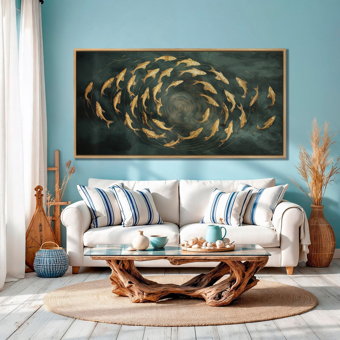 Framed Wall Art: Gold fish art print in a coastal living room. Features a teal and gold color palette, perfect for a modern, serene space.