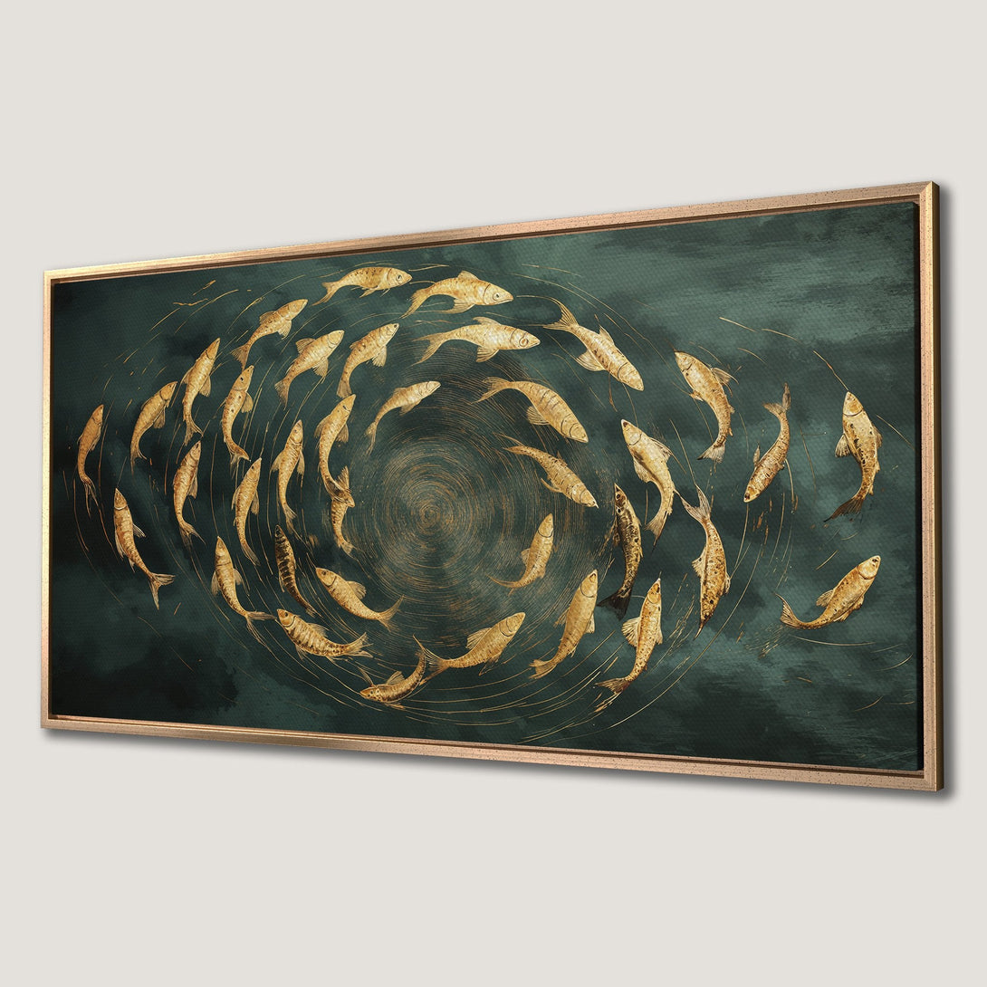 Framed Wall Art: Elegant gold fish art print on canvas. Features a dark teal background with a gold and neutral color palette. Perfect for home decor.