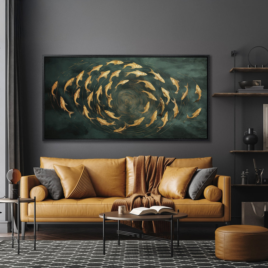 Framed Wall Art featuring a school of golden fish in a dark teal and gold color palette, displayed in a modern interior.